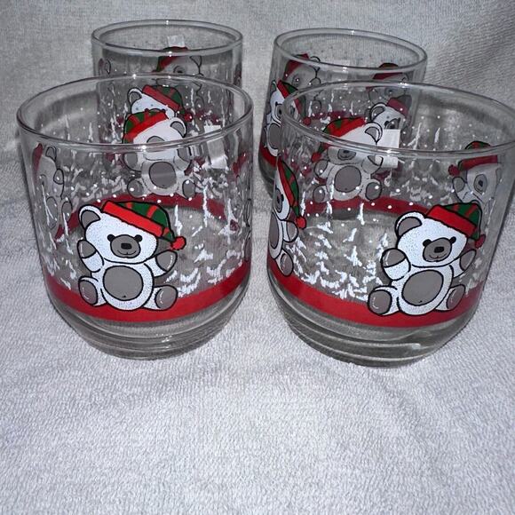Vintage MCM Retro Libbey Christmas Teddy Bears Low Ball Drinking Glasses Set 4 - Picture 1 of 5